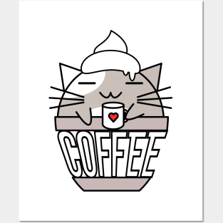 Meowcha in cup grey Posters and Art